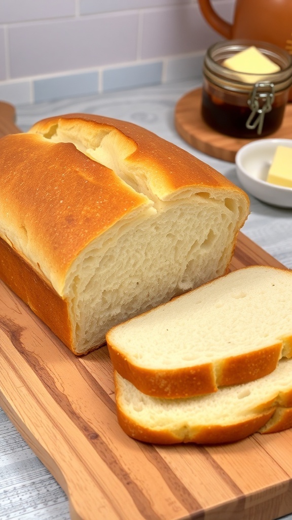 Homemade 65-Cent Sandwich Bread Recipe A golden brown loaf of sandwich bread on a wooden cutting board, sliced to show its fluffy texture.